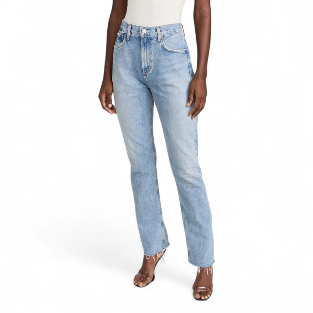 AGOLDE Women's Sz 31 Cherie High Rise Straight Leg Merit Raw Hem Jeans - Light - Picture 5 of 16